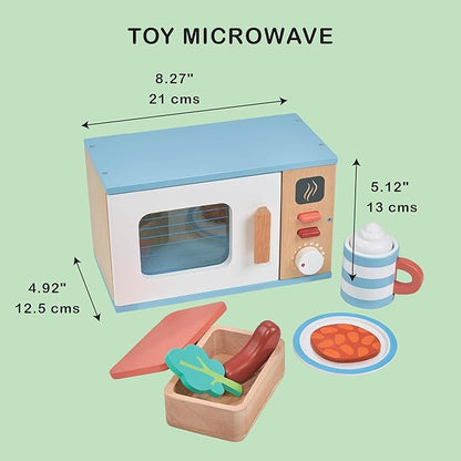 Mentari Toys - Toy Microwave - 9pc Wooden Microwave Set with Pretend Play Food - Kids Role Play Kitchen Accessories - Improve Social and Communication Skills - Sparks Creativity - Age 3+