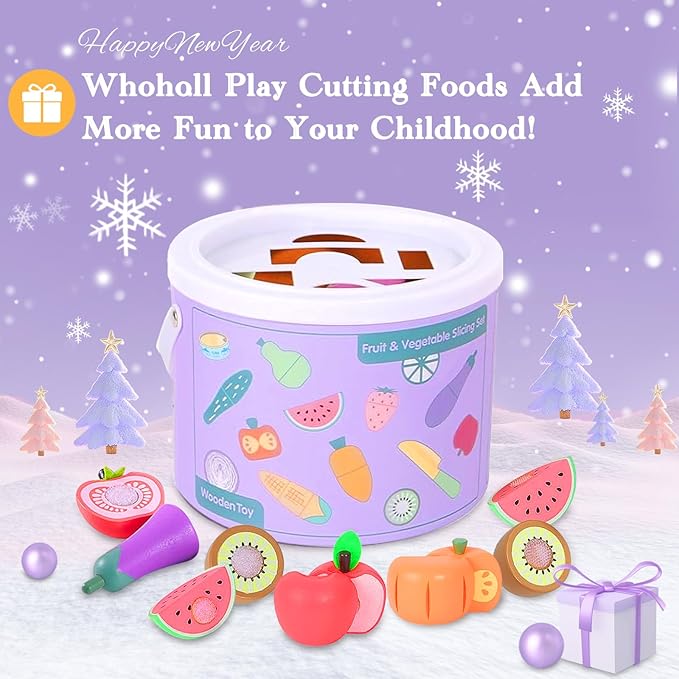 WHOHOLL Play Food Set for Play Kitchen Accessories, Wooden Toys Food Pretend Cutting Food with Apron, Montessori Toys for 1+ Years Old Girls Boys Eye-Protection Learning Resources
