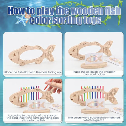Color Sorting Toys for 3+ Years Old Kids Wooden Fish Shape Montessori Toys Stacking Matching Game Fine Motor Skills for 3 4 5 Toddlers Boys Girls Gift Educational Travel Learning Sensory Color Sorters