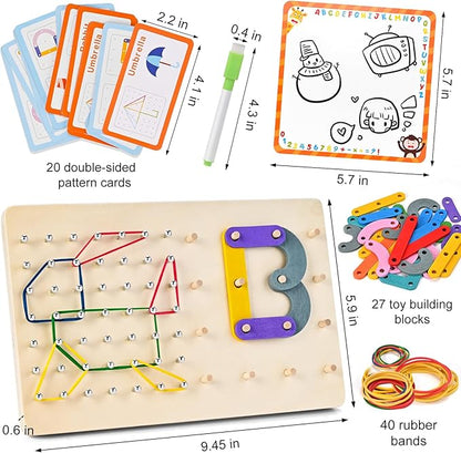 Wooden Geoboards, Wooden Letter Number Construction Puzzle Board, Montessori Toys for Kids with 20 Pattern Cards, 50 Rubber Bands to Figures and Shapes, Brain Teaser STEM Toy（9.5*6 *0.6in）