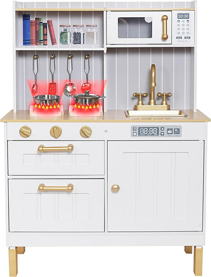 Kids Kitchen Playset,Children Play Kitchen for Toddler,Baby Toy Kitchen Set,Pretend Wooden Kitchen,Birthday Gifts with Play Sink Toy,Lights Sounds, Cooking Set for Kids Ages 3+Boys Girls