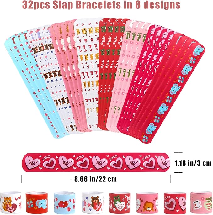 FOIMAS Valentine's Day Slap Bracelet Set,32pcs Animal Heart Snap Bracelet Wristband and 36pcs Gift Cards for Kids School Classroom Gift Exchange Party Favor Supply
