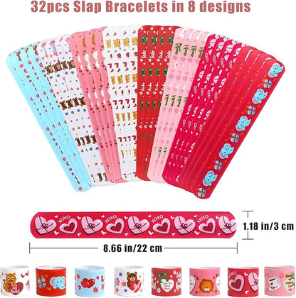 FOIMAS Valentine's Day Slap Bracelet Set,32pcs Animal Heart Snap Bracelet Wristband and 36pcs Gift Cards for Kids School Classroom Gift Exchange Party Favor Supply