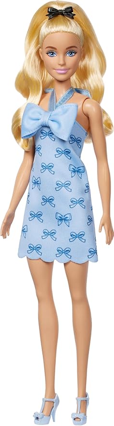 Barbie Fashionistas Doll #237 with Wavy Blonde Ponytail Wearing Blue Bow Halter Dress, Black Hair Bow Accessory and Matching Blue Heels
