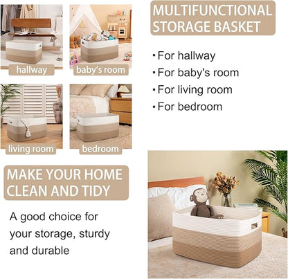 OIAHOMY Large Blanket Basket For Living Room, Rectangle Woven Baskets for Storage, Nursery Toy Storage With Handle-22”x17”x12”-Gradient Light Yellow