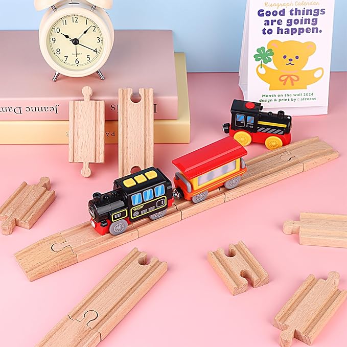 20 Pcs Straight Wooden Tracks Expansion Wood Train Track Pieces Connectors Adapters Male Male Female Female Train Track Wood Starting Wooden Bridge Accessories Compatible with Railroad Set