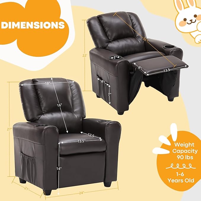 Candy Kids Reclining Chair Leather Recliner Sofa Toddler Youth Children Child Ages 1-6