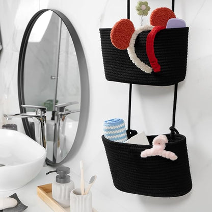 TeoKJ Over the Door Hanging Basket, 3-Tier Woven Cotton Wall-Mounted Storage Organizer Bag Decorative Hanging Nursery Baskets, Black