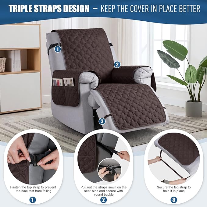 TAOCOCO 100% Waterproof Recliner Covers, Recliner Sofa Covers with Leg Straps, Reversible Recliner Couch Cover for Reclining Chair, Washable Couch Protector for Pets Kids(1 Seater 22", Chocolate)