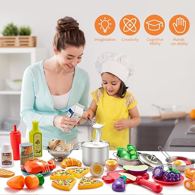 Pretend Play Kitchen Accessories, 52pc Kids Kitchen Playset with Play Food, Stainless Steel Cookware, Kitchen Toys Pots and Pans, Toddler Kitchen Set with Cuttable Toy Food, Boys Girls Gift