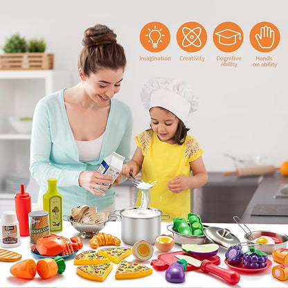 Pretend Play Kitchen Accessories, 52pc Kids Kitchen Playset with Play Food, Stainless Steel Cookware, Kitchen Toys Pots and Pans, Toddler Kitchen Set with Cuttable Toy Food, Boys Girls Gift