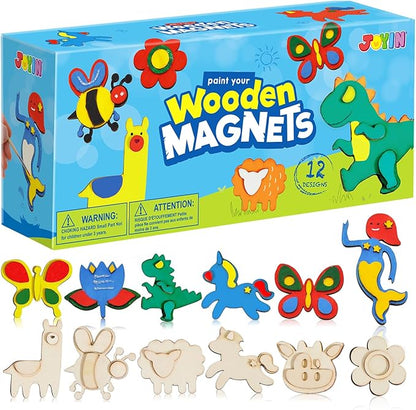 JOYIN 12 pcs Wooden Magnets, Spring Arts & Crafts for Boys and Girls, Children Painting Craft Activities Kit, Craft Toys Gifts for Birthday Easter