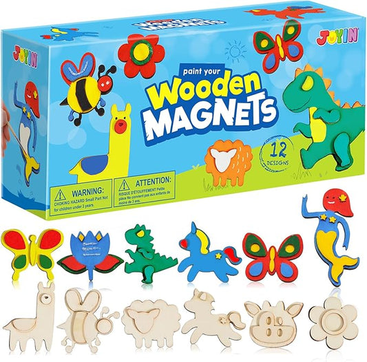JOYIN 12 pcs Wooden Magnets, Spring Arts & Crafts for Boys and Girls, Children Painting Craft Activities Kit, Craft Toys Gifts for Birthday Easter