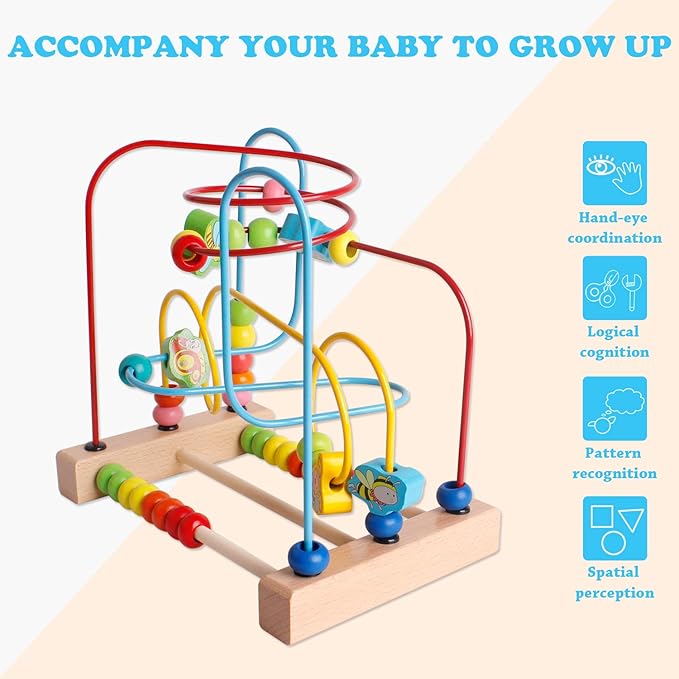 SHIERDU Wooden Toys with Animals Graphics Bead Maze Game Educational Abacus Beads Circle Toys Colorful Roller Coaster Game Gift for Toddlers Kids Children Girls Boys