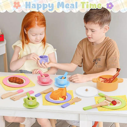 Toyssa 34 PCS Wooden Play Dishes and Plates Kitchen Set Toys for Toddler, Kids Play Kitchen Accessories with Pan & Tableware, Montessori Pretend Cooking Set Birthday Gifts for 3 4 5 6 Years Girls Boys
