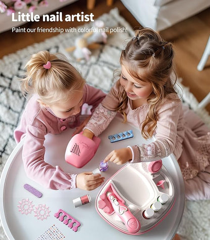 Geyiie Kids Nail Polish Set for Girls, Nail Salon Toys, Nail Decals for Nail Art for Little Girls, Kids Nail Kit with Storage Space, Fake Nails, Nail Dryer, Kids Makeup Kit as Party Favor Gifts