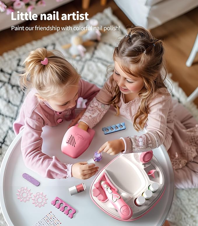 Geyiie Kids Nail Polish Set for Girls, Nail Salon Toys, Nail Decals for Nail Art for Little Girls, Kids Nail Kit with Storage Space, Fake Nails, Nail Dryer, Kids Makeup Kit as Party Favor Gifts