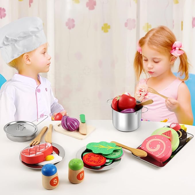 44PCS Play Kitchen Accessories, Wooden Play Food, Kids Kitchen Pretend Play Toys with Stainless Steel Play Pots & Pans Sets, Apron & Chef Clothes, Kitchen Toys for Toddlers Preschoolers Kids