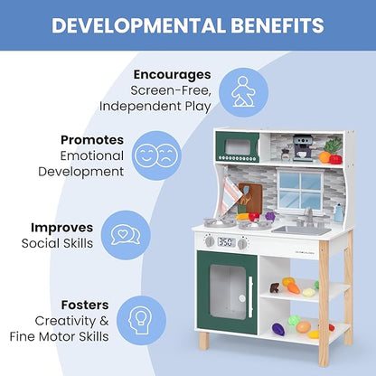 Delta Children Tiny Chef Play Kitchen - Toy Kitchen Playset with Realistic Knobs That Turn/Click, Oven, Sink, Microwave and 15 Pieces of Play Food, Green