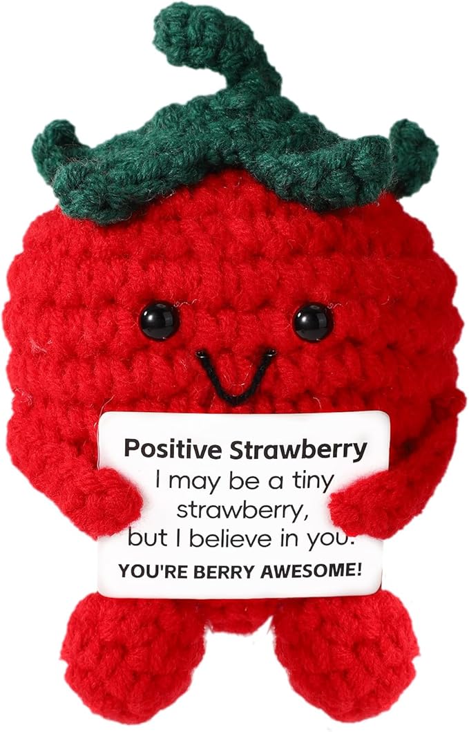 Cute Positive Strawberry, Crochet Strawberry Emotional Doll Support Fruit Knitted for Empowering Gift Home Office Decoration (Red)