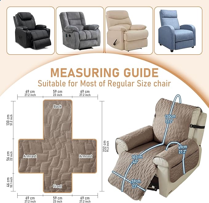 100% Waterproof Recliner Chair Covers for Reclining Chair, Small Recliner Covers That Stay in Place, Non-Slip Recliner Armchair Cover with Pockets for Kids, Pets, Dogs, Cat, Washable,Khaki,23IN