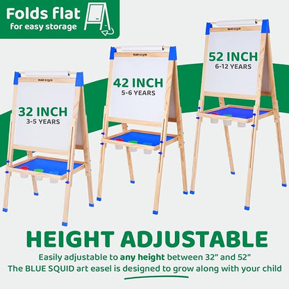 Blue Squid Art Easel for Kids - Dual-Sided Adjustable Wooden Painting Easels, Ideal Christmas Gift for Toddlers and Kid - with Magnetic Chalk Board, White Board & Paper Roll, Includes Accessories