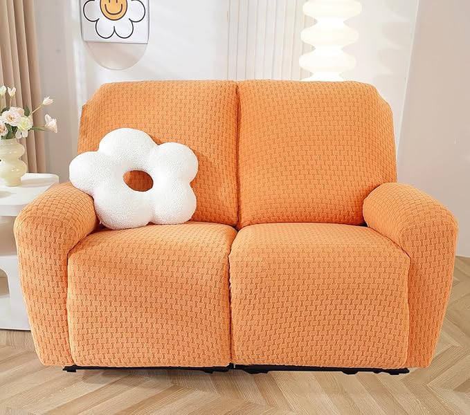 vctops 6 Pieces Jacquard Plush Recliner Loveseat Slipcover Stretch Soft Sofa Couch Cover Anti-Slip Solid Color Furniture Protector with Elastic Bottom for Kids Cats Dogs(Orange,2 Seat)