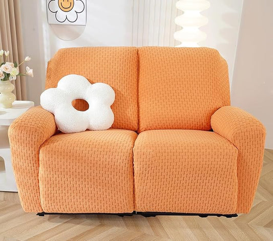 vctops 6 Pieces Jacquard Plush Recliner Loveseat Slipcover Stretch Soft Sofa Couch Cover Anti-Slip Solid Color Furniture Protector with Elastic Bottom for Kids Cats Dogs(Orange,2 Seat)