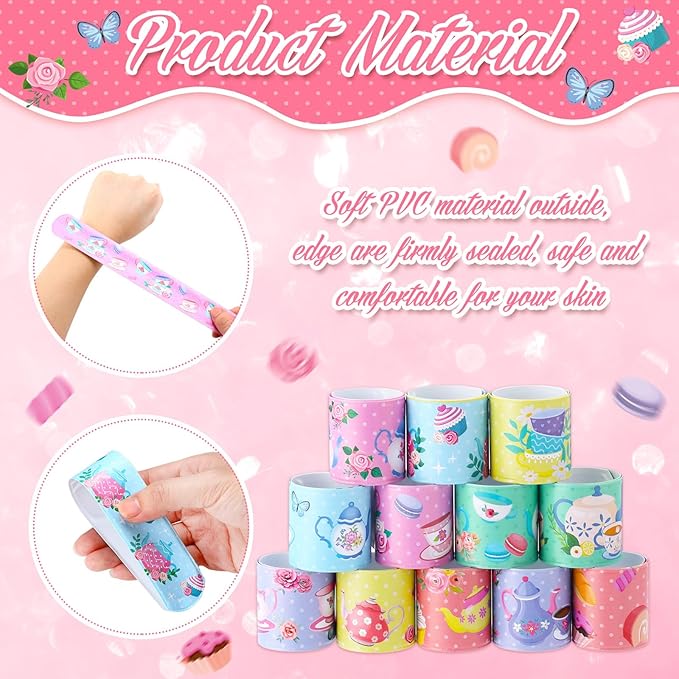 Junkin 48 Pcs Tea Party Favors Floral Slap Bracelet Supplies Tea Party Supplies Decoration Girls Pink Teapot Flower Bracelets for Partea Birthday Baby Shower Decor