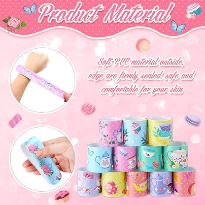 Junkin 48 Pcs Tea Party Favors Floral Slap Bracelet Supplies Tea Party Supplies Decoration Girls Pink Teapot Flower Bracelets for Partea Birthday Baby Shower Decor
