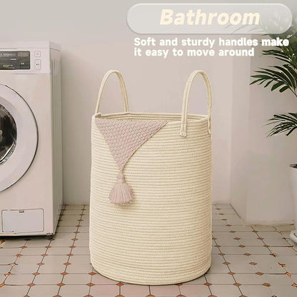 JMvicyroam Large Woven Laundry Basket Hamper,80L Cotton Rope Storage Bin for Blankets,Toys and Clothes,Decorative Tall Nursery Hamper for Living Room,Baby Nursery,Bathroom and Bedroom,Beige