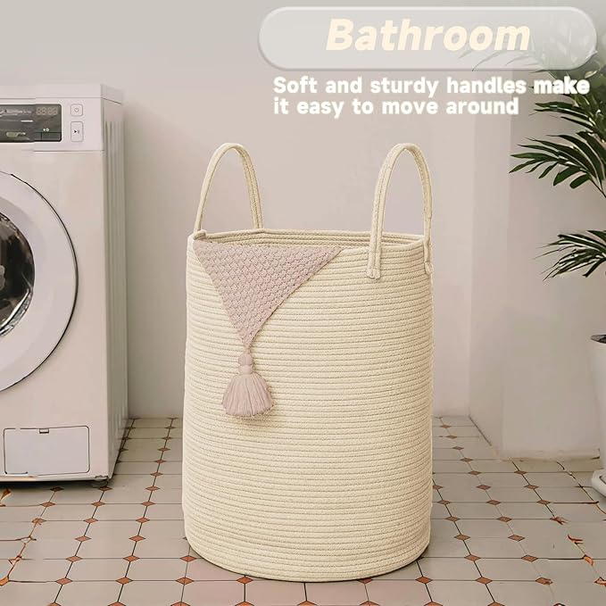 JMvicyroam Large Woven Laundry Basket Hamper,60L Cotton Rope Storage Bin for Blankets,Toys and Clothes,Decorative Tall Nursery Hamper for Living Room,Baby Nursery,Bathroom and Bedroom,Beige