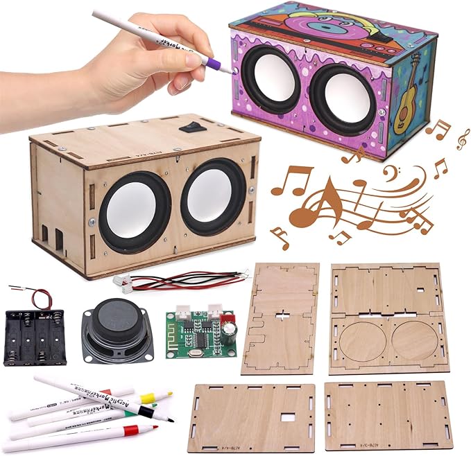 DIY STEM Projects Educational Exploration Speaker Box Kit Build Personalized Wood Case Speaker Set Science Electronics Experiment Kit Learning STEM Gifts for Teens and Adults
