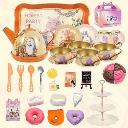 Tea Party Set for Toddlers 3-5 44 Pcs Bear Tin Teapot Set with Cups,Plates,Dessert and Carrying Case Pretend Play Kitchen Toys for Little Girls Birthday Gifts for 3 4 5 Year Old