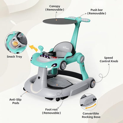 Baby Walker with Wheels, 7-in-1 Foldable Baby Walkers for Boys Girls 6-12 Months with Feeding Tray & Music, Lights,Rocker,Sun Canopy, Bouncing Pedal, Adjustable Wheel Speed, Push Walker(Green)
