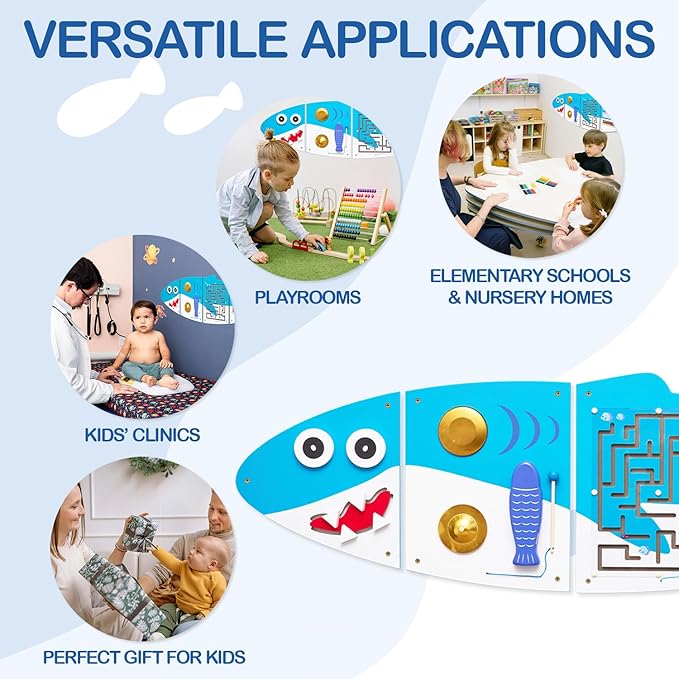 Monläurd® Shark Montessori Busy Sensory Educational Activity Cube, Wall Furniture, Interactive Wooden Learning Toys for Boys and Girls 6M+