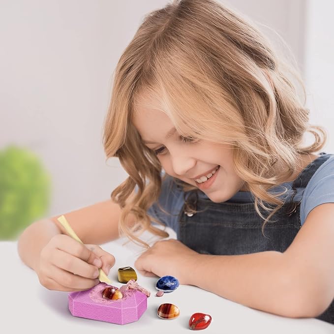 Byncceh Gemstone Dig Kit - Dig up 12 Real Gems, Mineral & Rock Collection Gemstones and Crystals Excavation Kit for Kids STEM Toys Science Educational Birthday Gifts for Boys & Girls