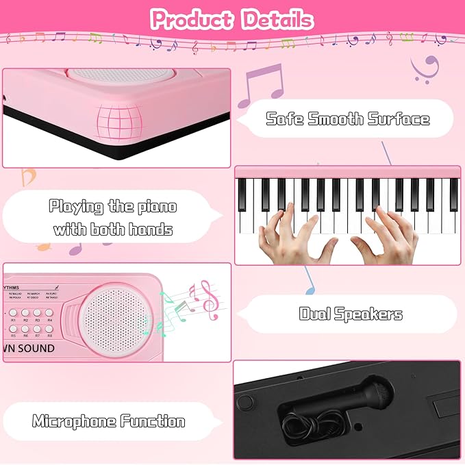 37 Key Pink Piano for Kids Music Toy for 3+ Year Old Girls Keyboard Pianos Beginners Kid Keyboards with Microphone Toys for 3 4 5 6 7 8 Year Old Girl Boys Gifts Age 3-8