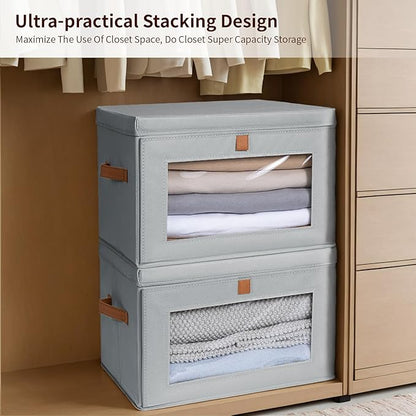 Homsorout Large Closet Storage Organizer - Clothes Storage Bins with Handles & Window, Collapsible Decorative Boxes with Lids, Fabric Containers for Living Room, Dorm, 2 Pack, Grey