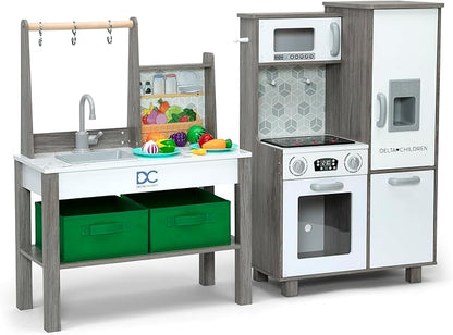 Delta Children Gourmet All-in-One Corner Play Kitchen - Toy Kitchen Playset with Safe & Heatless Stove with Lights, Oven, Sink, Fridge/Freezer with Ice Maker and 20 Accessories, Natural/White