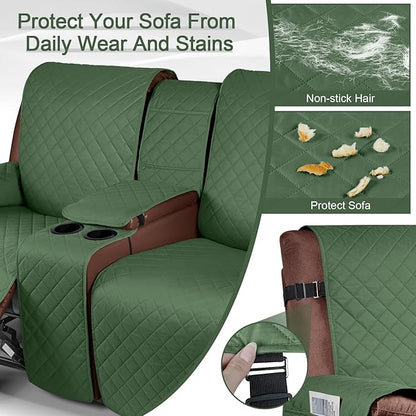 KinCam 100% Waterproof Recliner Loveseat Cover with Console, Non-Slip Reclining Couch Covers for 2 Seat, Recliner Sofa Cover Furniture Protector with Elastic Straps for Kids, Pets, Vine Green