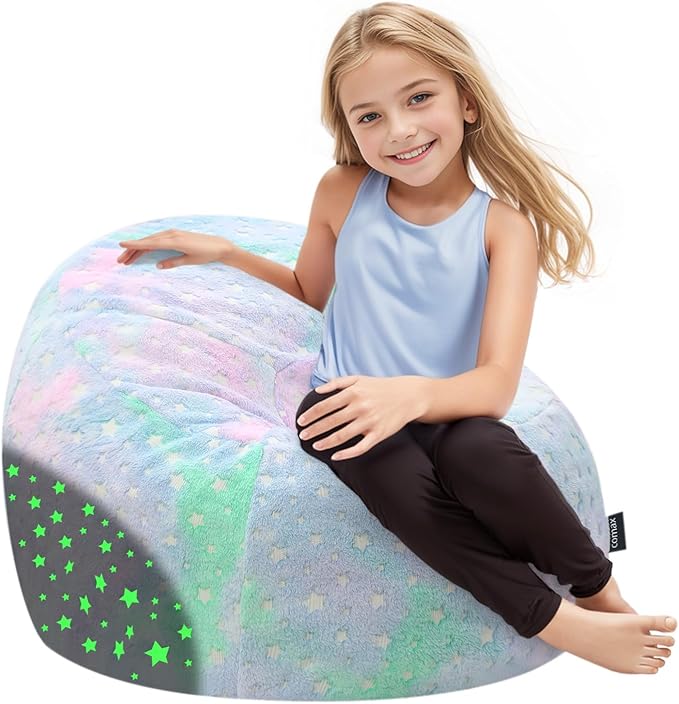 COMAX Bean Bag Chairs for Kids 8-12, Toddler BeanBag Sofa with Filler Bean Couch Stuffed for Boys and Girls, Lazy Floor Chair for Playroom, Nursery Room, Glowing Colorful Star