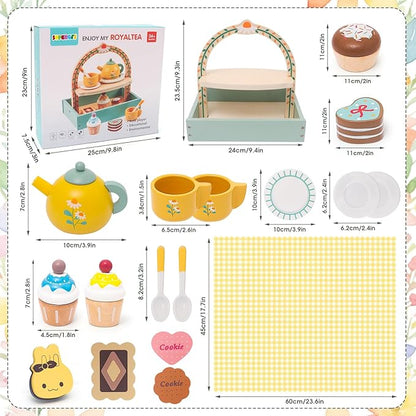 Wooden Tea Party Set for Little Girls Toddler Tea Set Toys with Cupcake Stand & Play Food Kitchen Accessories, Wooden Pretend Play Toys for Toddlers Christmas Birthday Gift for 3 4 5 6 Years Old Girl