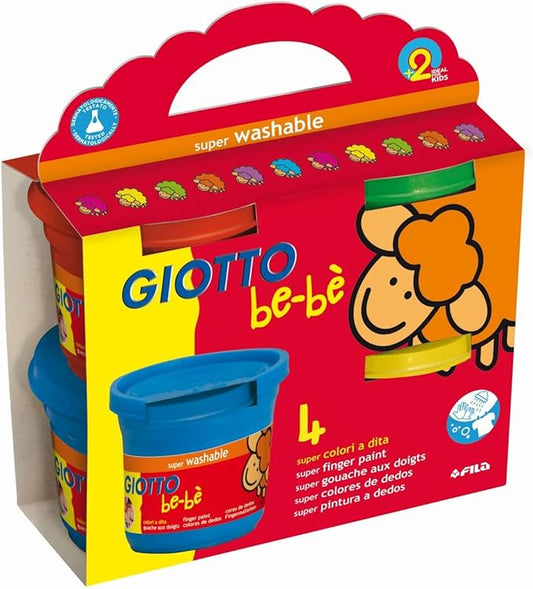 GIOTTO be-bè Finger Paint Set, Box of 4 x 150ml in Assorted Colours (Yellow, Green, Red, and Blue), Super-Washable, Ideal for Children