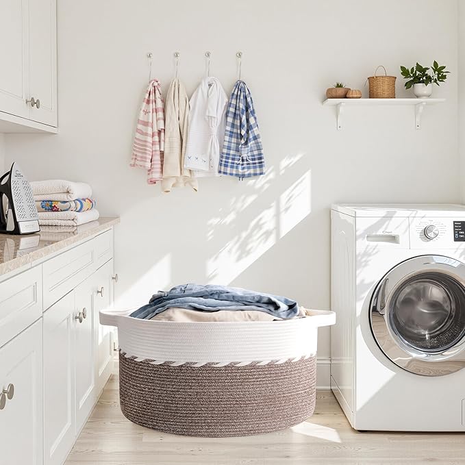 OIAHOMY 105L Blanket Basket for Living Room, Large Basket 23.6" x 23.6" x 14.6" with Handle, Laundry Hamper for Blankets, Pillows, Toy Storage for Kids, Dogs - Brown & White