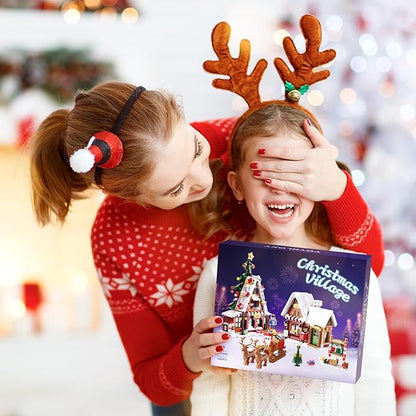 Christmas Village House Building Set with LED Lights, Xmas Holiday Main Street Building Kit, Compatible with Lego Christmas House Blocks, Gifts for Boys, Girls, Family, and Friends (1418 PCS)