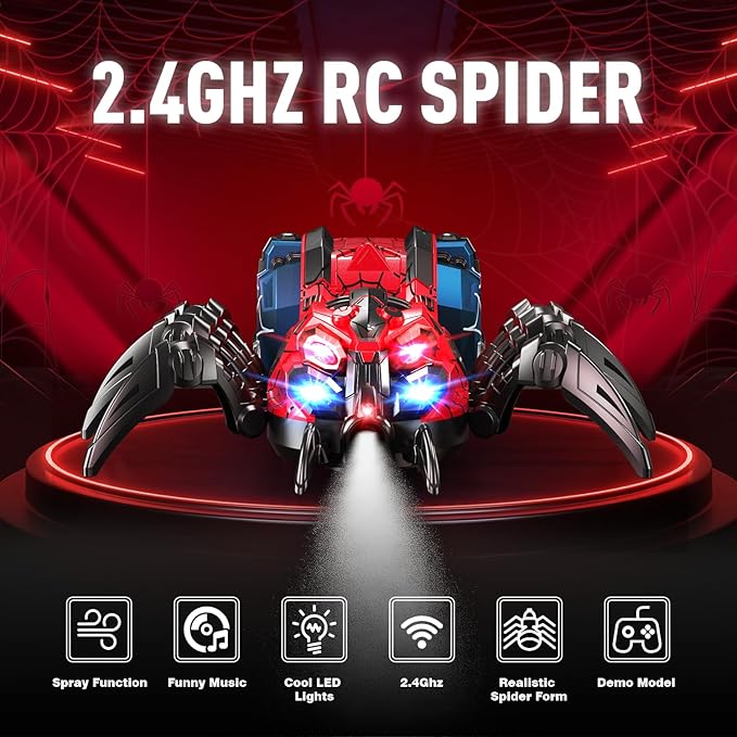 Remote Control Spider, Robot Spider Toy with 2.4 GHz Remote Controller, RC Spider Robot with Spray/Lights/Music, Realistic Spider Gift for Kids Boys, Halloween, Christmas, Holiday Toys for Party Prank