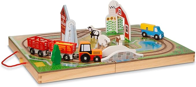 Melissa & Doug 17-Piece Wooden Take-Along Tabletop Farm, 4 Farm Vehicles, Play Pieces, Barn, Grain House Take-Along Pretend Play Toy Barn Toys For Toddlers Ages 1+