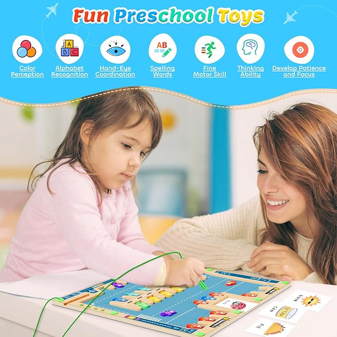 Magnetic Alphabet Maze Letters Puzzle Montessori Toys for 3-5 Toddler Board Travel Wooden Learning Toys Educational Magnet Parking Maze Fine Motor Skills Preschool Birthday Gift for Boys Girls 3+