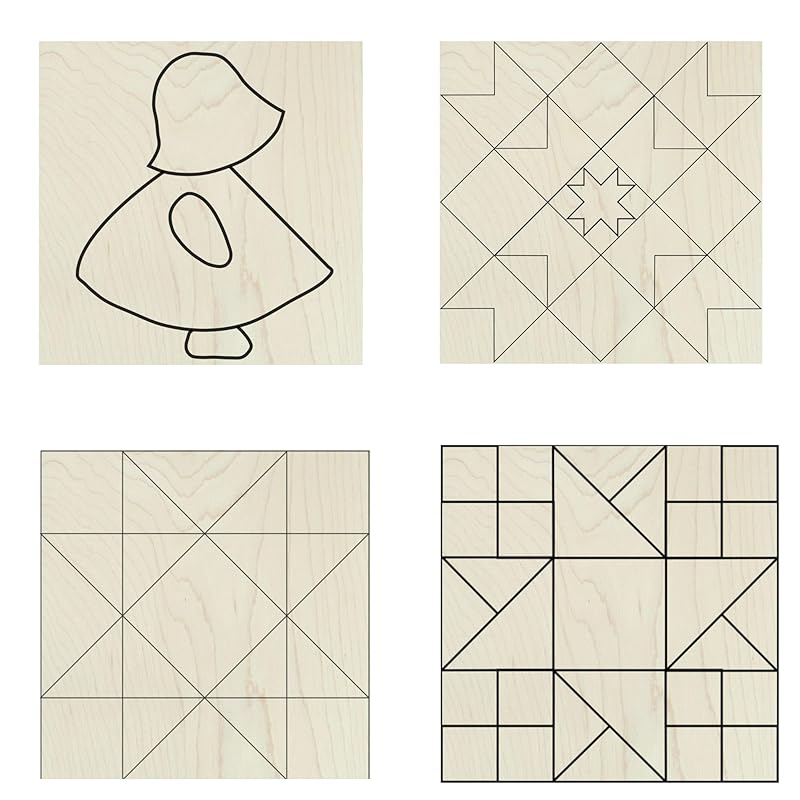 Set of Four 9 Inch Barn Quilt Kit DIY Pattern Unfinished Wood Quilting Block Sign Paintable Crafts for Women, Children, Men, Party (Dutch Girl, Patchwork Star, HST Double Friendship)